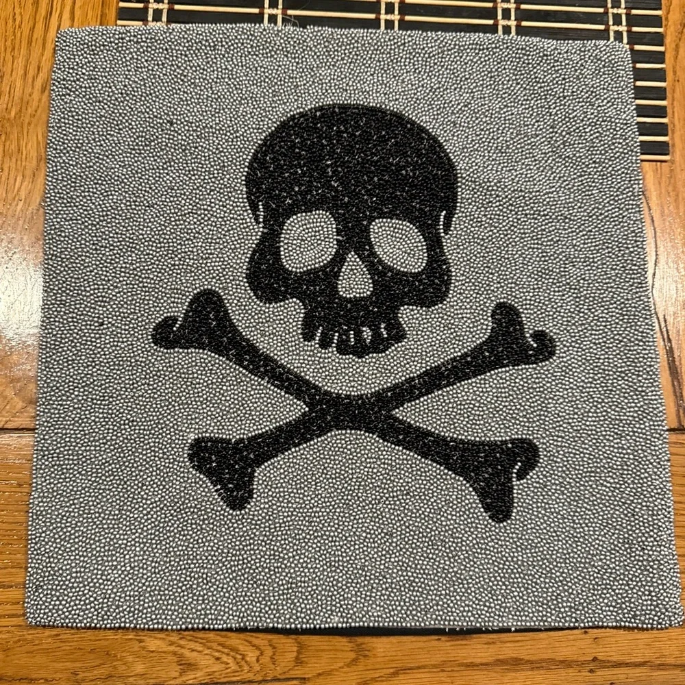 Collectible Pottery Barn 2008 Black Skull And Crossbones Beaded Pillow Cover
